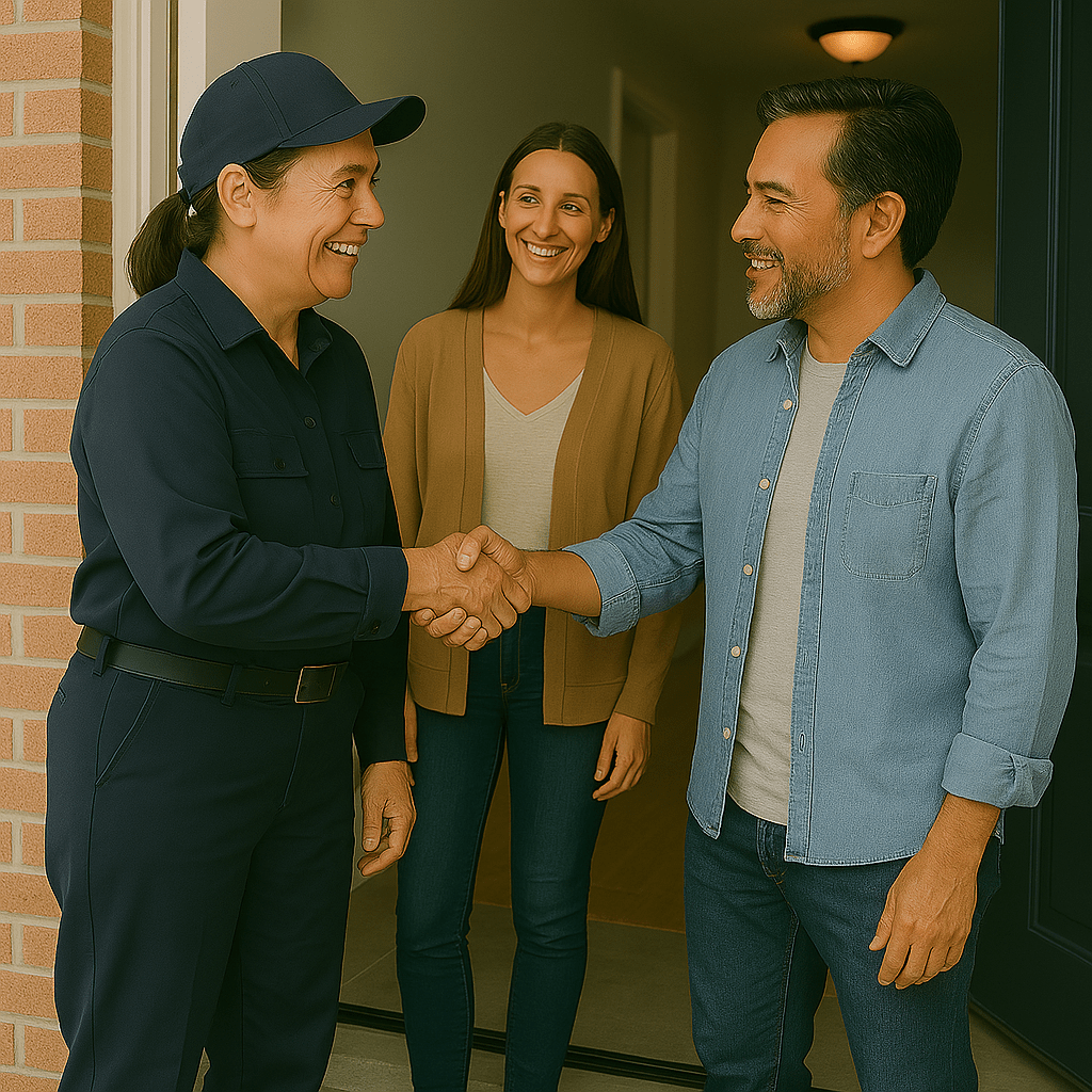 A smiling technician in a navy uniform and cap shakes hands with a male homeowner at the front door. A woman, likely his partner, stands in the background smiling. The interaction suggests satisfaction with a completed home service visit.