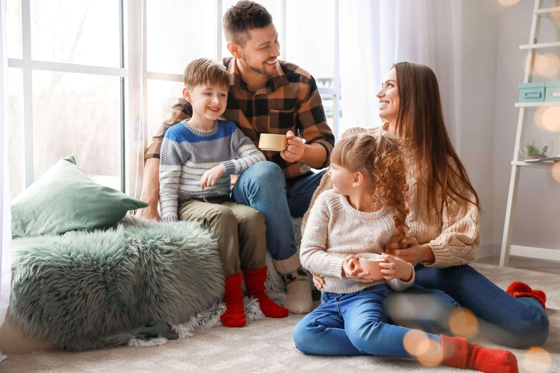 Cozy family in their home during winter day