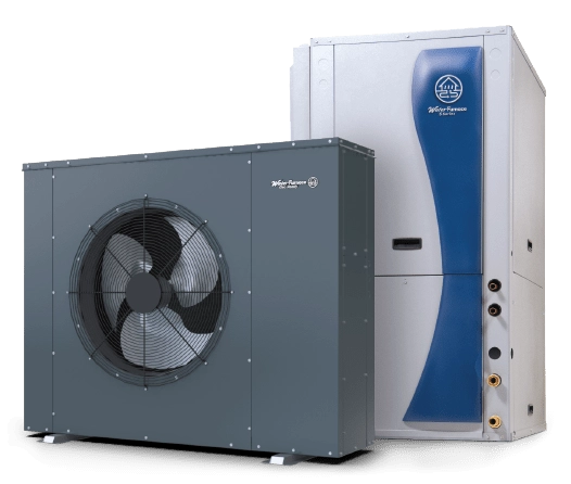 Image of a WaterFurnace geothermal heating and cooling system showing both the indoor heat pump unit and the outdoor fan coil unit. The indoor unit has a sleek silver and blue design with visible pipe connections, while the outdoor unit features a large circular fan on the front.