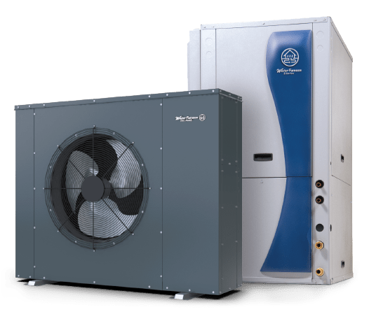 Image of a WaterFurnace geothermal heating and cooling system showing both the indoor heat pump unit and the outdoor fan coil unit. The indoor unit has a sleek silver and blue design with visible pipe connections, while the outdoor unit features a large circular fan on the front.