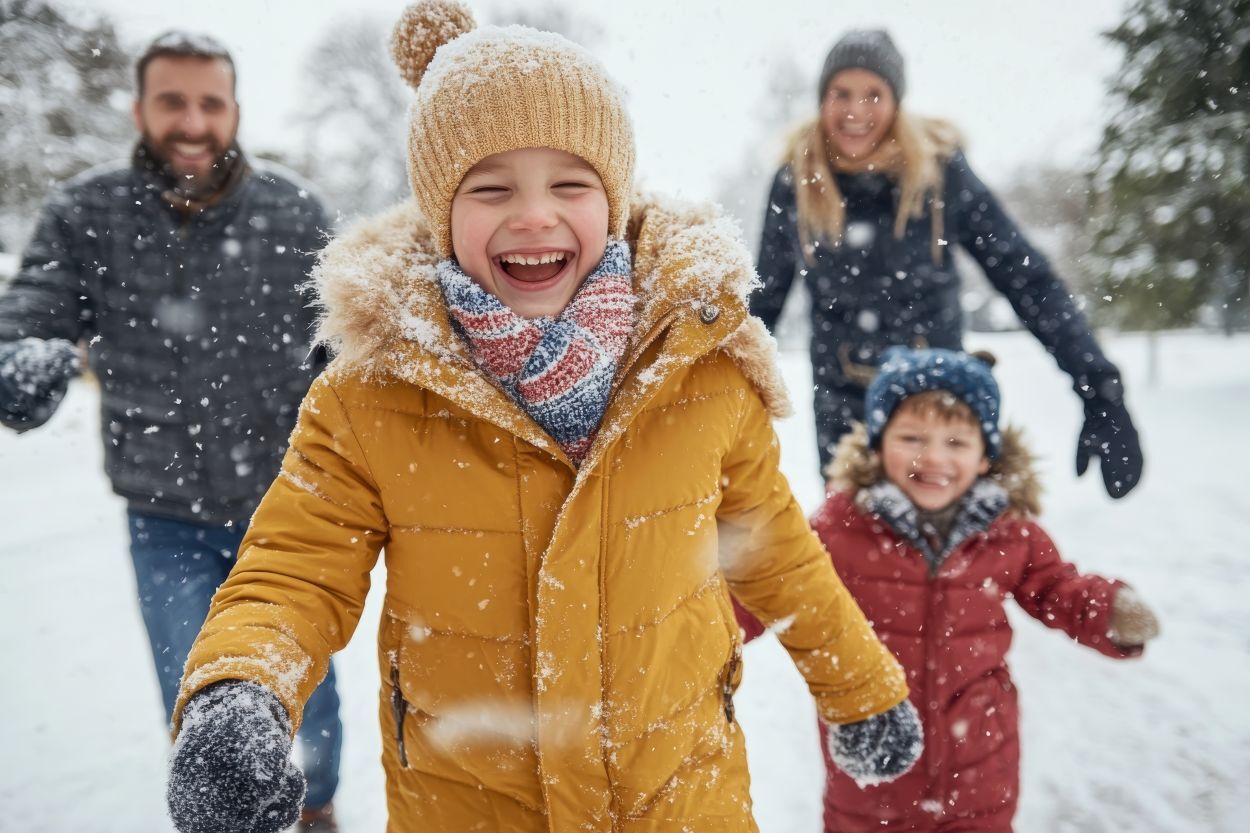 Family having fun in the snow, with children running and playing in winter clothing