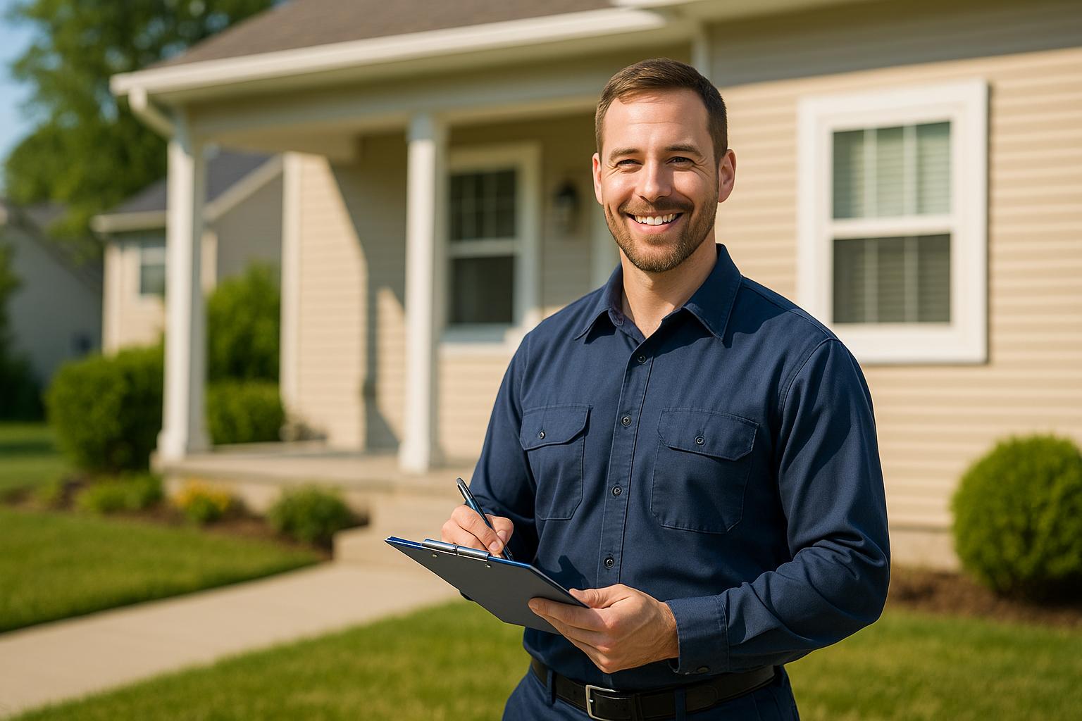 Friendly HVAC technician in a navy uniform standing outside a suburban home on a sunny day, smiling and holding a clipboard, with a well-kept lawn and beige house in the background