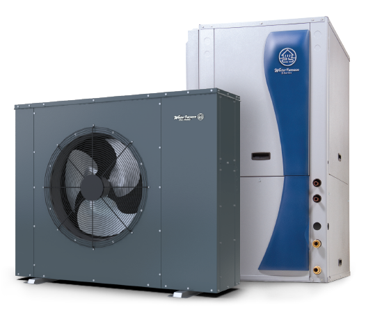 Image of a WaterFurnace geothermal heating and cooling system showing both the indoor heat pump unit and the outdoor fan coil unit. The indoor unit has a sleek silver and blue design with visible pipe connections, while the outdoor unit features a large circular fan on the front.
