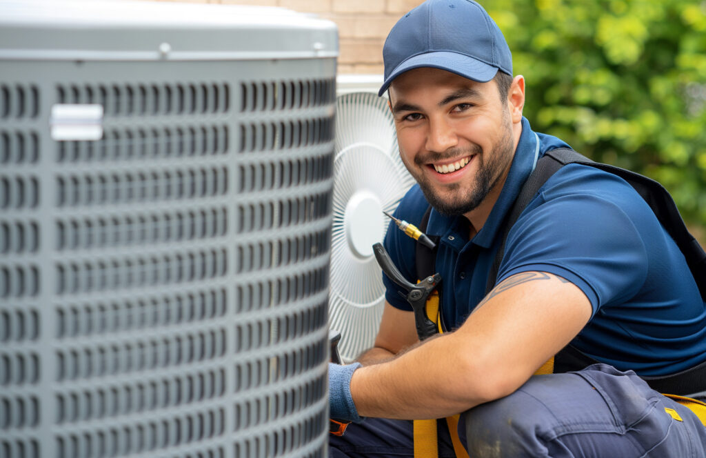 Professional air conditioning technician servicing hvac system
